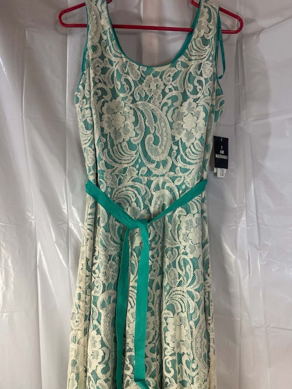 Studio One New York Ivory and Mint Green Lace Sleeveless Dress with Sash